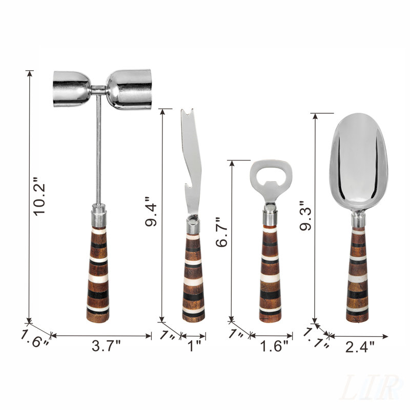 S/4 Barware Tools in Open Face Box with Stylish Striped Handles, Perfect for Modern and Coordinated Home Bar Setup