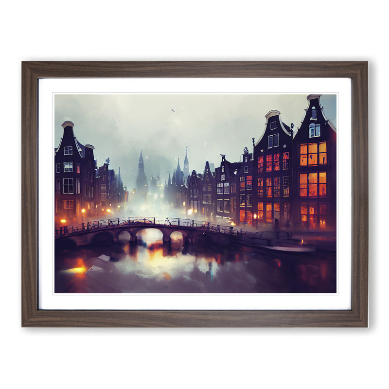 Amsterdam Canal at Night - Framed Print, 46cm H x 64cm W x 2cm D, Walnut
