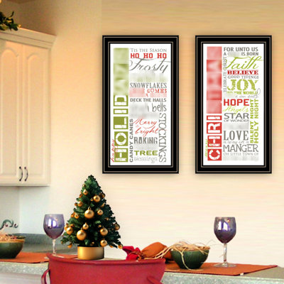 2 art mural pour salon - impression de joyeuses fêtes. Encadré noir, bois multicolore + papier, 20 po x 11 po, 5 lb par pièce, reproduction encadrée pour la chambre à coucher. Bois et papier décoratif, 20 po x 11 po x 1 po