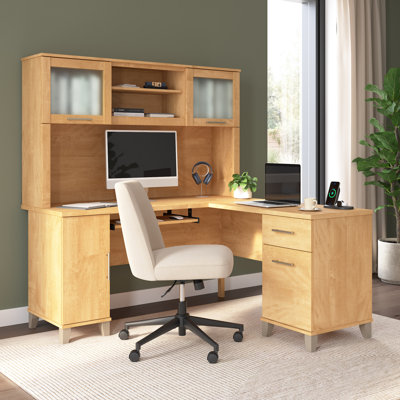 Paelynn 60” L-Shaped Desk with Hutch and Storage, Corner Computer Office Desk, Modern Wood, Maple Cross