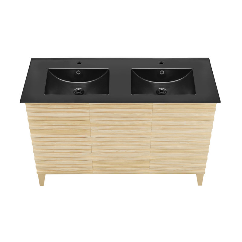 Cascade 48 po Meuble-lavabo double avec comptoir en céramique, Chêne naturel, Noir