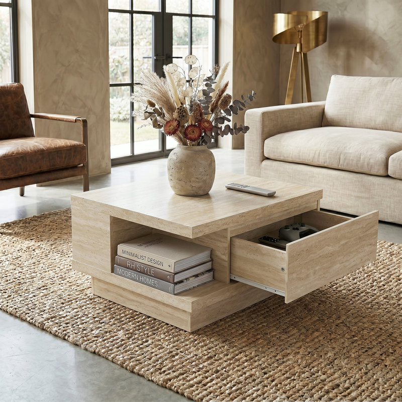 Caomhan 31.3" Modern Storage Coffee Table With Drawer, Travertine