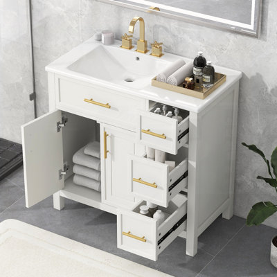 Meuble-lavabo en bois massif avec lavabo, deux portes, trois tiroirs et panneaux de fibres à densité moyenne pour un rangement durable et élégant