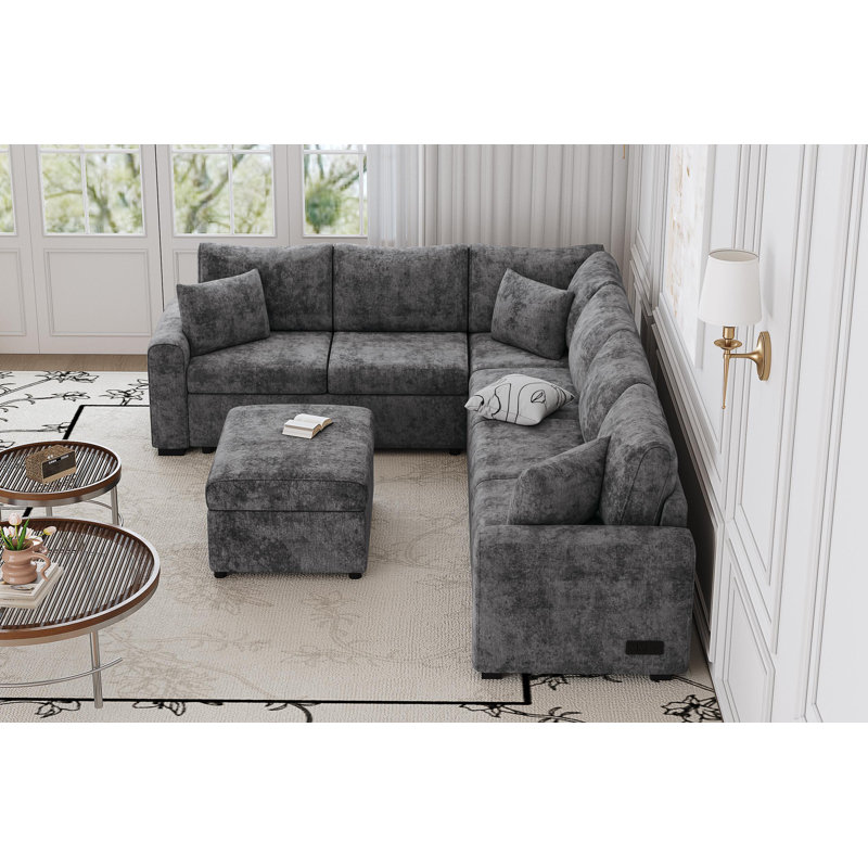 Canapé-lit modulaire en chenille gris avec repose-pieds USB et rangement, Gris chenille