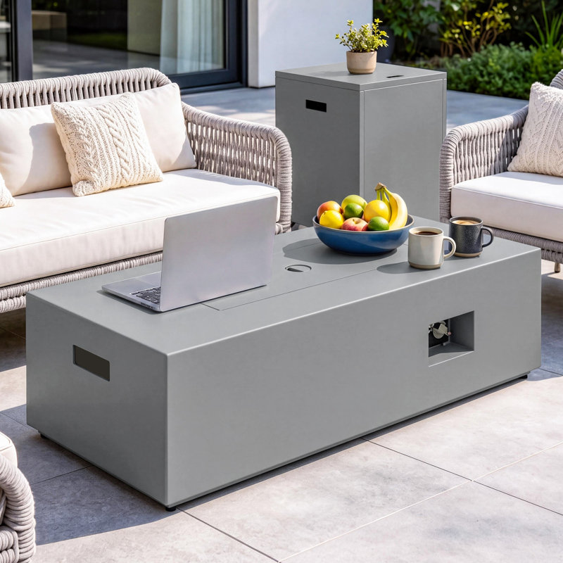 Table de foyer d'extérieur au propane de 44 po avec table d'appoint avec rangement pour réservoir, foyer extérieur de 50 000 BTU avec couvercle, pierres de lave et housse de pluie