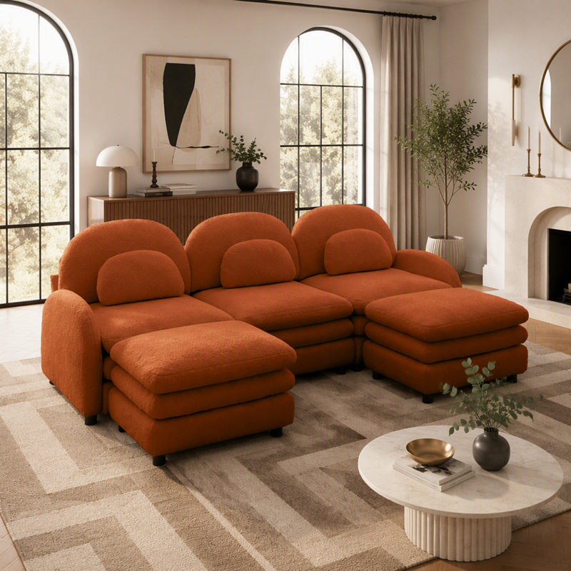 Canapé 3 places en tissu Teddy effet nuage avec dossier incurvé, accoudoirs et coussins lombaires, sectionnel modulable avec 2 poufs amovibles