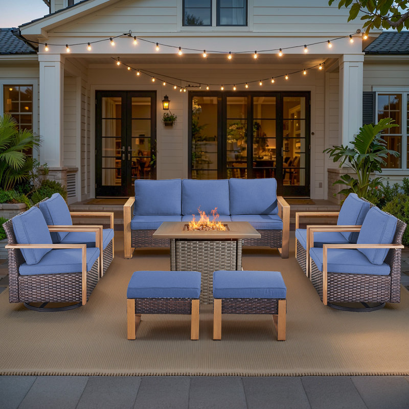 Ensemble de conversation pour foyer d'extérieur en osier 8 pièces avec 4 fauteuils pivotants et 2 repose-pieds Palomares