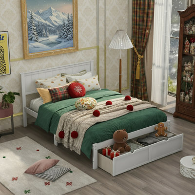 Lit plateforme double avec tiroirs sous le lit, blanc