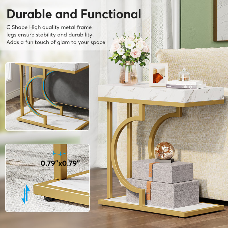 End Table, White Marble, Gold