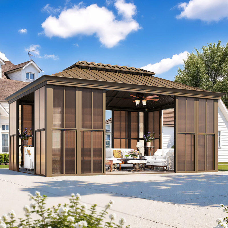 12' x16' Sunroom Gazebo, Fully Enclosed Outdoor Sunroom with Lockable Sliding Doors, Galvanized Steel Double Roof Hardtop Gazebo, Aluminum Frame Patio Solarium for Backyard