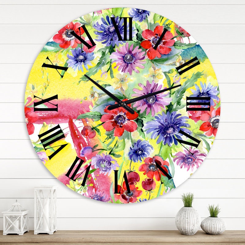 Vibrant Wild Spring Leaves and Wildflowers V - Horloge murale moderne, Grand
