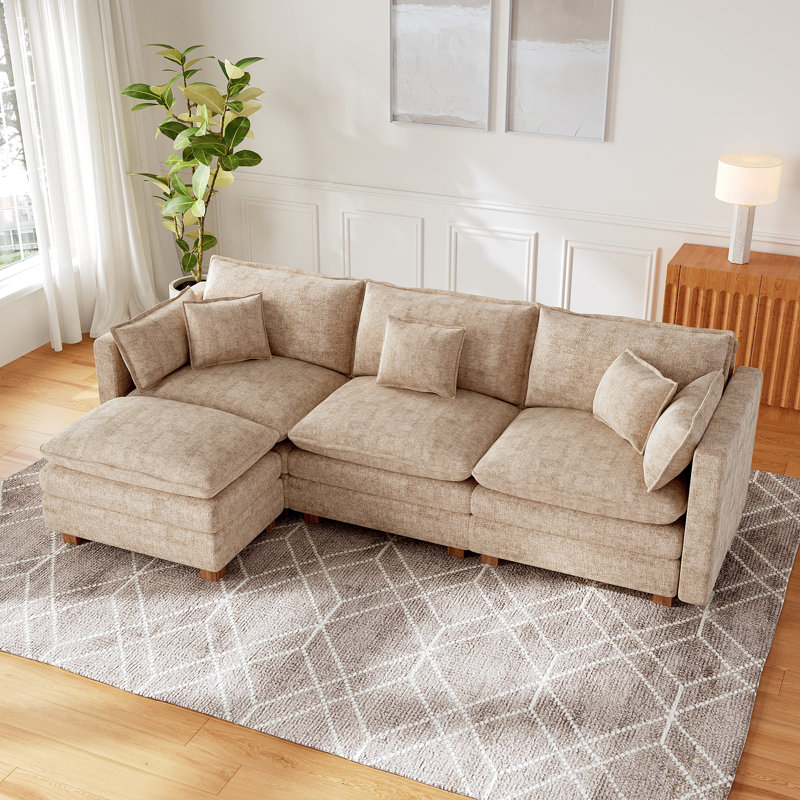 Canapé modulaire 112,2 "en chenille avec repose-pieds, canapé modulaire en forme de nuage avec pieds en bois, Café