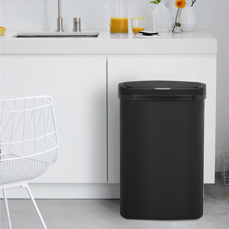 Black Plastic Touchless 13-Gallon Kitchen Trash Can Set