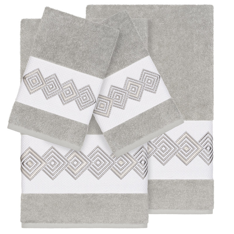 Noah Embellished 4 Piece Turkish Cotton Towel Set, Light Gray