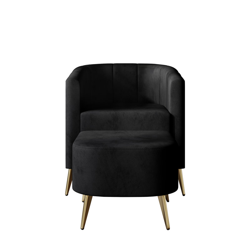 Barchovice Upholstered Barrel Chair and Ottoman Set, Black Velvet