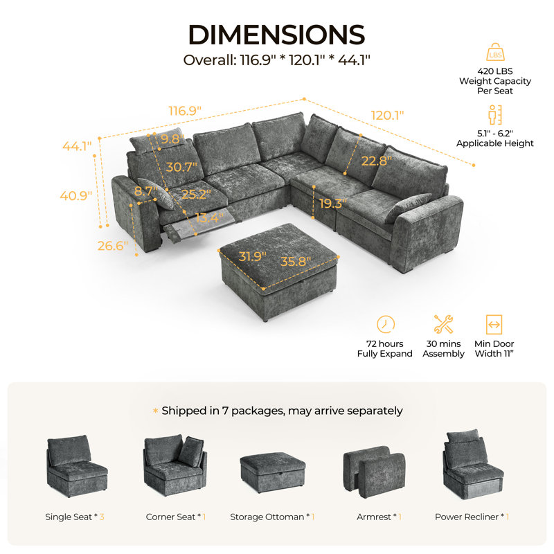 Canapé modulaire surdimensionné 6 places en chenille avec canapé inclinable électrique et repose-tête en L profond avec repose-pieds et rangement