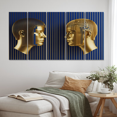 Golden Portrait Of Future Consciousness - Robot Canvas Print - 5 Equal Panels