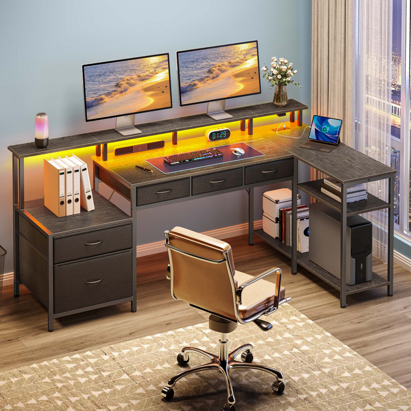 Bureau en L avec tiroir classeur et support pour moniteur, bureau personnel avec prises de courant et lumières DEL, Gris