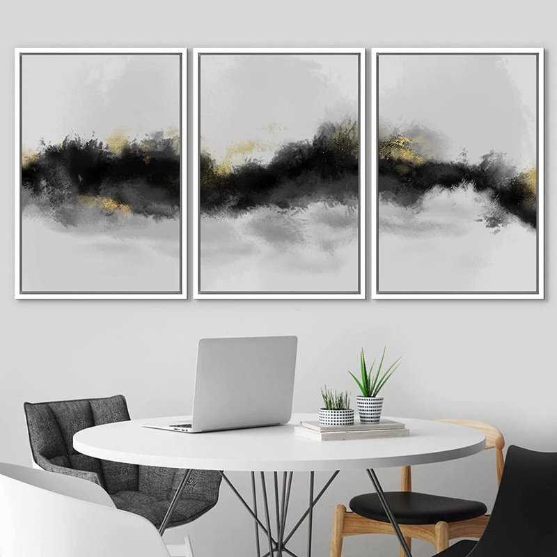 «Smoke Effect Strokes Abstract», peinture sur toile 3 pièces, L 48 po x H 24 po, Blanc