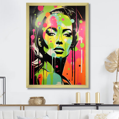 «Green and Pink Graffiti Woman Portrait I», art mural moderne femme