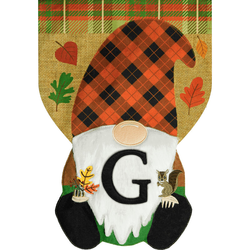 Automne, gnome, monogramme, lettre G, drapeau de jardin