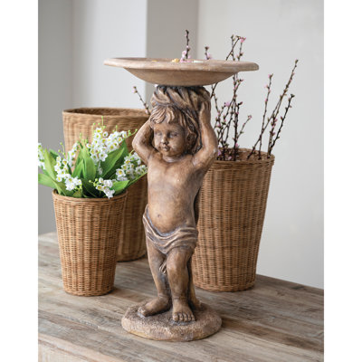 Distressed Stone Cherub Birdbath in Resin