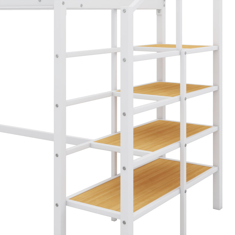 Twin-Sized Metal Loft Bed, Features Upper Grid Storage Shelf And Ladder With Side Compartments, White