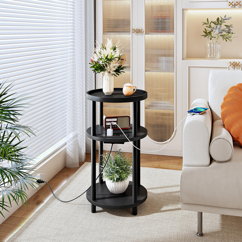 Small Round Side Table with Charging Station, Black