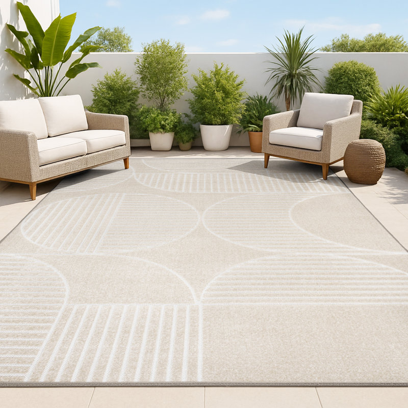 Aleysia High-Low Geometric Arch Scandi Striped Beige/Cream Indoor/Outdoor Rug, Rectangle 3'11" x 6'