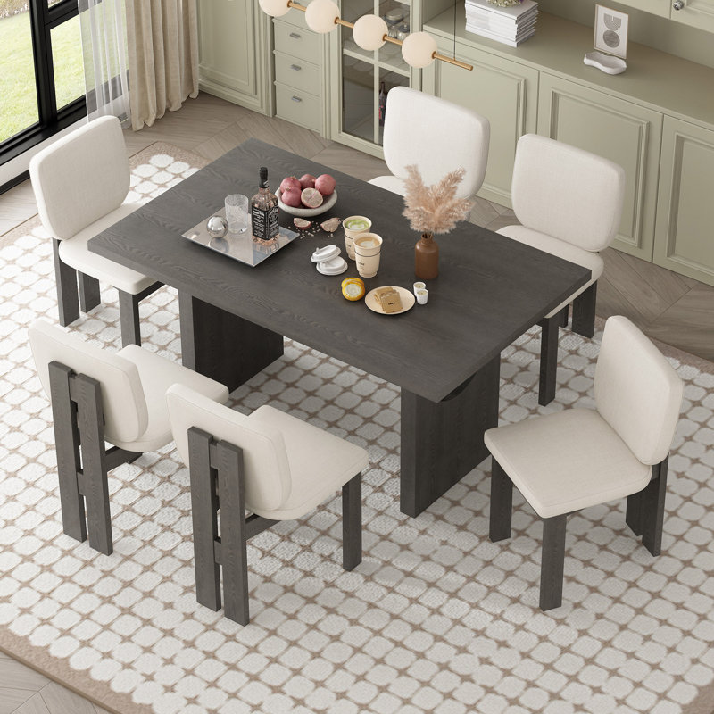 Ensemble de table de salle à manger rétro 7 pièces pour 6 personnes, ensemble de table de salle à manger en bois pour 6 personnes avec chaises rembourrées et base à tréteaux conçue pour la cuisine et la salle à manger