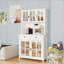 Armoire de rangement autoportante avec comptoir pour four à micro-ondes, 3 tablettes réglables, 5 portes en verre et grand tiroir blanc