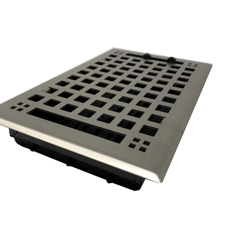 Steel floor and wall register in a silver brushed finish with a square grid pattern and adjustable damper