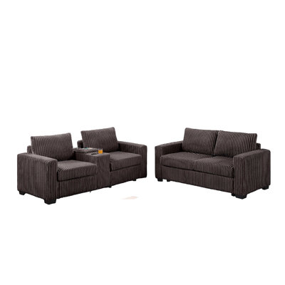 Modern Style 2Pc Sofa Set Back Cushion Plastic Legs Cup Holders Charging Port Corduroy Upholstered