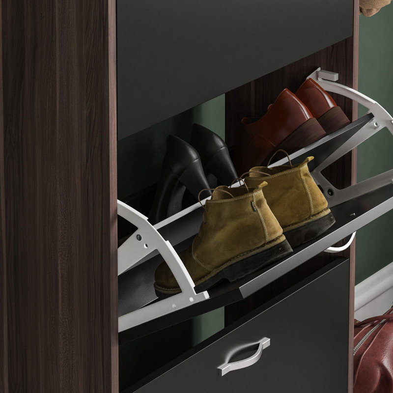 Drawer Flip Down Shoe Storage Free Standing Cabinet For Hallway, Walnut/Black, 118" H x 60" W x 24" D