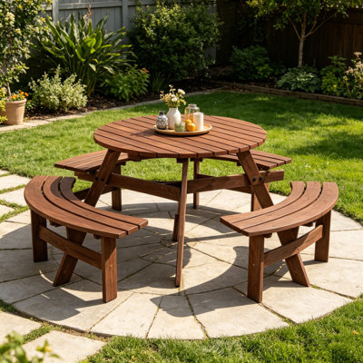 Table de pique-nique circulaire en bois pour 6 personnes pour patio, cour, jardin, bricolage avec 3 bancs intégrés, ensemble de tables d'extérieur avec trou pour parasol, capacité de 1720 lb - Brun