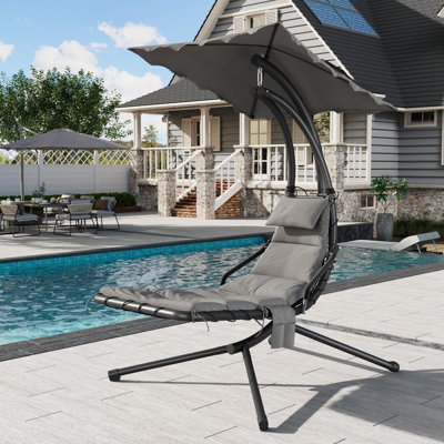 Chaise longue suspendue avec support, chaise hamac à baldaquin d'extérieur avec coussin, structure en acier courbé