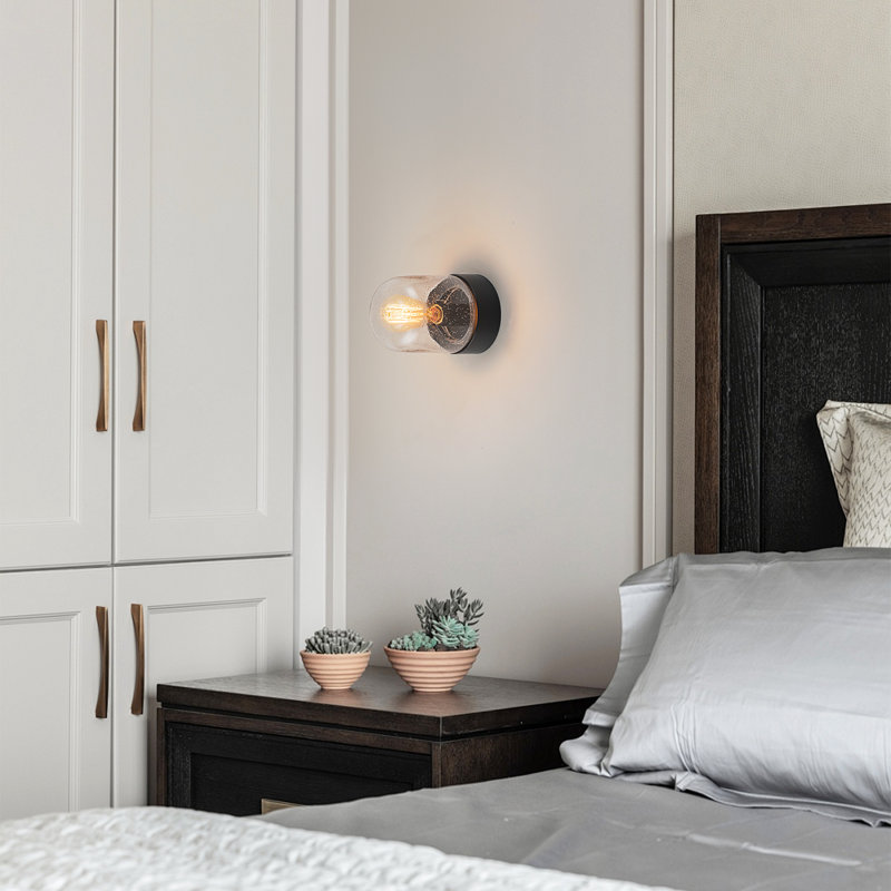 Plafonnier encastré 1 lumière noir mat avec abat-jour en verre bullé