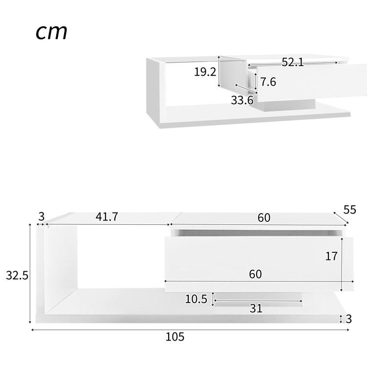 Coffee Table With 1 Drawer And Led, White, White