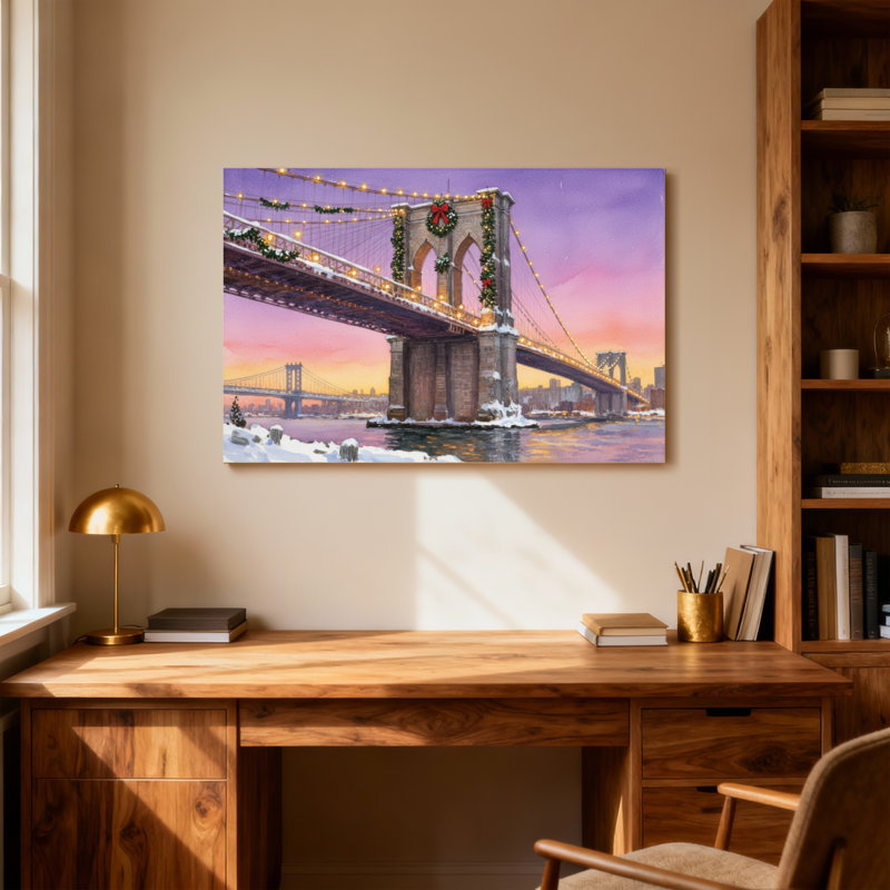 Noël, pont de Brooklyn, lumières de Noël, horizon enneigé, H 24 po x l 36 po
