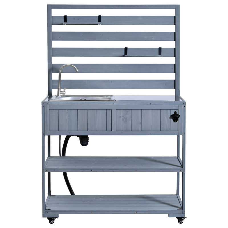41.7" Large Patio Rolling Solid Wood Kitchen Island with Sink, Gray