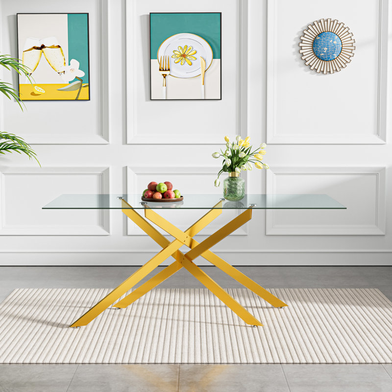 Glass Dining Table for 6, Modern 60" Rectangular Kitchen Dining Room Table for 4-6 with X-Shape Metal Base Large Clear Glass Top Dining Tables for Home Kitchen