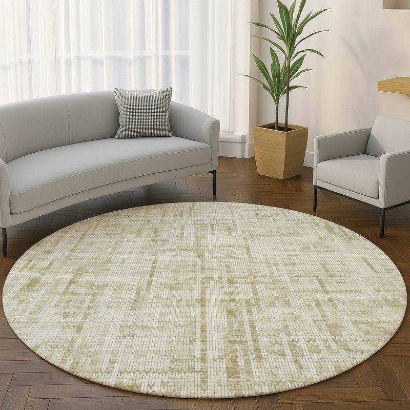 Premium Machine Washable Mayfield AMF2130 Striped Rug, Beige, 8' Round