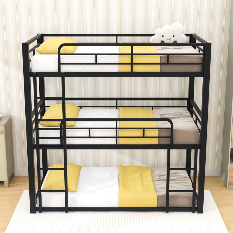 Metal Triple Twin Over Twin Over Twin Bunk Bed With Guardrails And Dual Ladders, Black