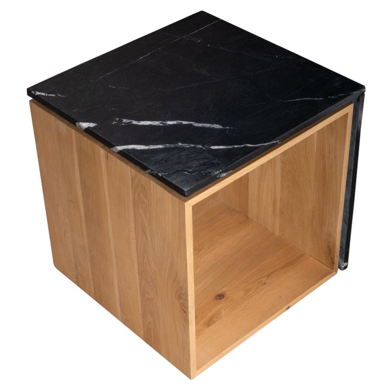 Authentic Italian Marble with Natural Oak Wood Occasional Table / Night Stand, Black, Tan