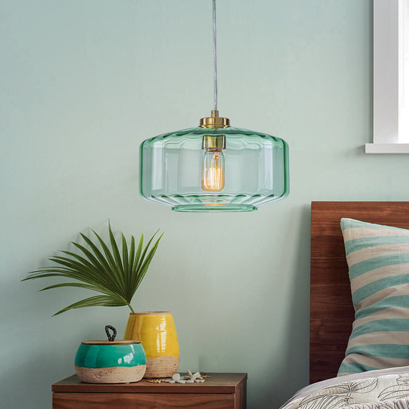 1-Light Green Pendant with Drum Glass Shade for Kitchen Island