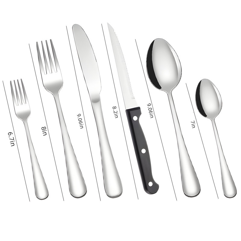 Ensemble de vaisselle 48 pièces en acier inoxydable avec couteaux à steak, fourchettes et cuillères pour les repas occidentaux