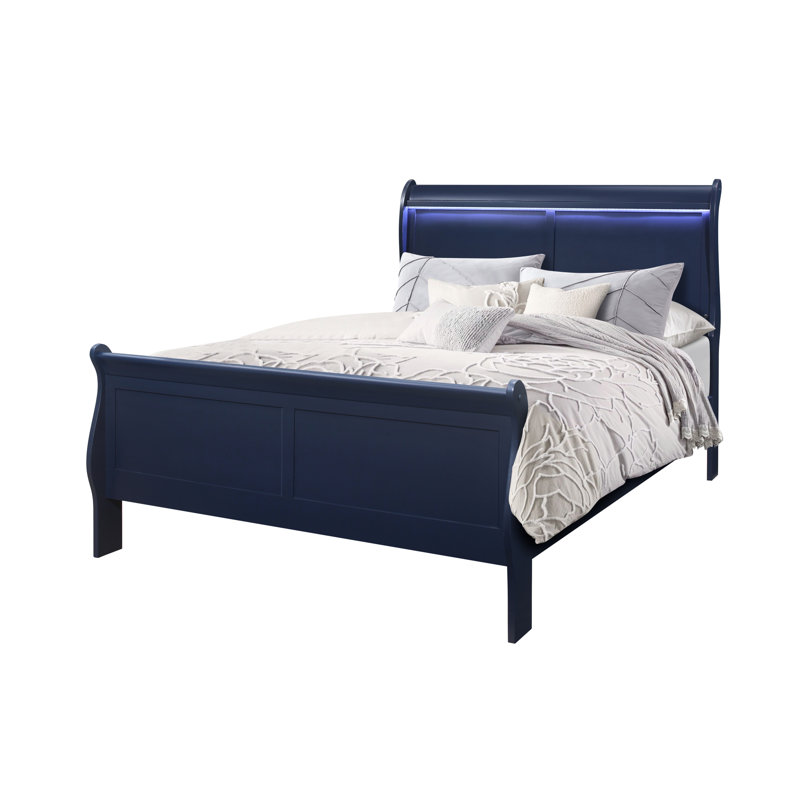 Lit double en bleu avec tête de lit à DEL, apparence, tête de panneau, fait de bois massif et profondeur de 57,04 po, largeur de 83,64 po, hauteur de 47,43 po, conception transitionnelle, style Hévéa large, profond, haut