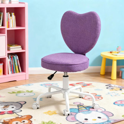 Chaise de bureau mauve en forme de cœur, hauteur de siège réglable, pivotement à 360 degrés, revêtement en lin et mousse douce, idéale pour le bureau à domicile Fauteuil à dossier en hauteur avec fonction de hauteur, roulette pivotante, respirant