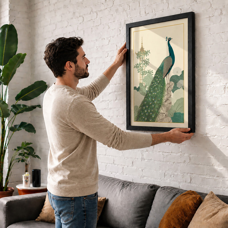 Peacock In Profile Japandi - Print, A2 - 59.4 x 42.0 cm, Walnut