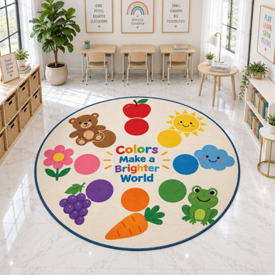 Tapis rond d'apprentissage « ultra-fin » 183 x 183 cm, à poils courts et doux, avec envers antidérapant en silicone, idéal pour les salles de classe, les garderies, les chambres d'enfants et les salles de jeux.